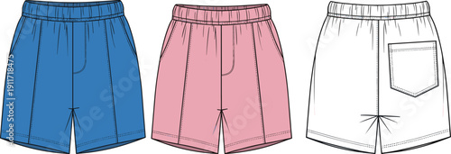 Technical flat sketch of a men's casual short collection featuring elastic waistband, side pockets, back patch pocket, fashion design vector template