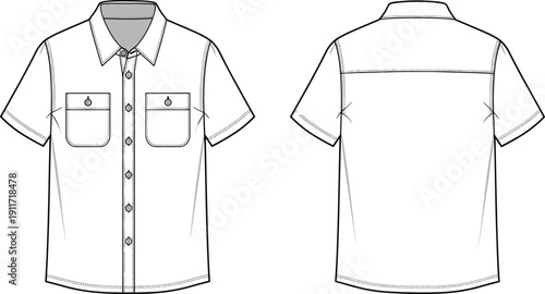 Technical flat sketch of a men's short sleeve button down utility shirt, featuring dual chest pockets, collar, and back yoke, fashion design vector template