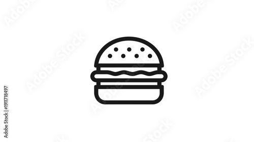 Black and white illustration of a hamburger, top bun has dots. The image has a clean simple design