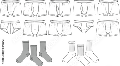 Technical flat sketch of men's underwear collection including boxer briefs, trunks, briefs, and ribbed crew socks, fashion design vector template