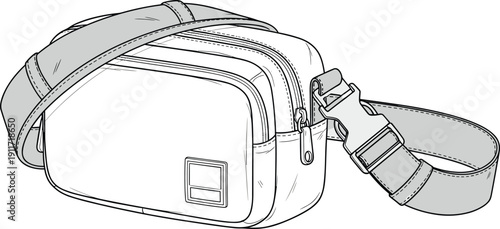 Technical flat sketch of a functional crossbody bag with adjustable strap, plastic buckle, multiple zipper compartments, fashion accessory design vector template
