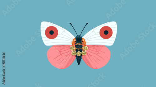 A stylized butterfly features a detailed body adorned with jewels and decorative elements