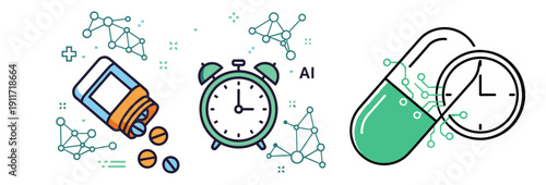 Conceptual illustration depicting the intersection of medicine, time, and artificial intelligence in modern healthcare and pharmaceutical development.