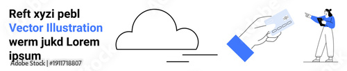 Cloud icon, hand holding payment card, person interacting digitally. Ideal for tech solutions, online payment, digital interaction, cloud storage, fintech, innovation simple landing page