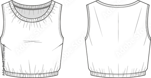 Technical flat sketch of a women's cropped tank top with gathered elastic neckline and waistband, sleeveless fashion design vector template