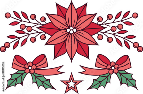 Poinsettia Garden Flower Design. Poinsettia Festive Floral Element. Poinsettia Decorative Plant Art. Poinsettia Flower Ornament Design. Poinsettia Winter Garden Plant. Poinsettia Holiday Plant Artwork