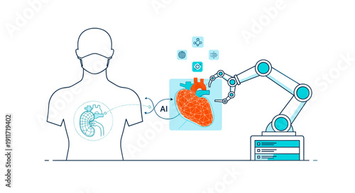 Conceptual illustration depicting artificial intelligence and robotic technology assisting in human organ transplantation and medical procedures.