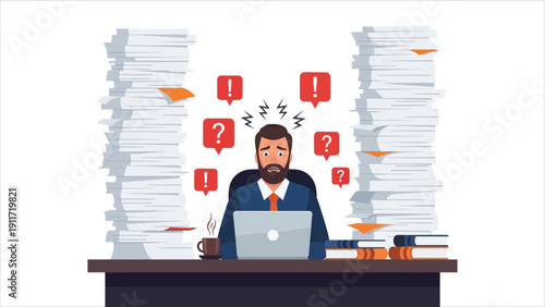  Stressed employee working late hours. Man sitting at desk with laptop, overwhelmed by emails and notifications