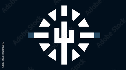 A geometric abstract composition featuring a central trident and surrounding angular shapes