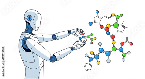 An advanced humanoid robot meticulously manipulates complex molecular structures, symbolizing artificial intelligence in scientific research and development.