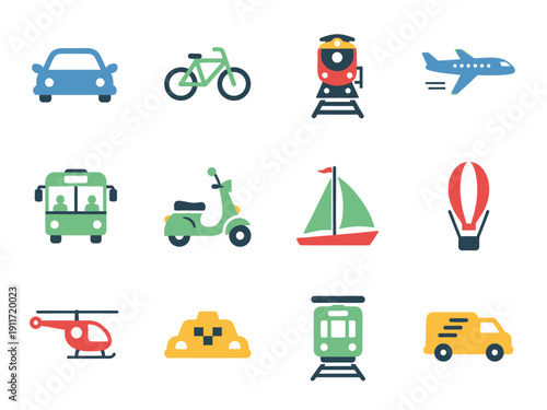 Collection of colorful transportation icons representing various modes of travel and vehicle types