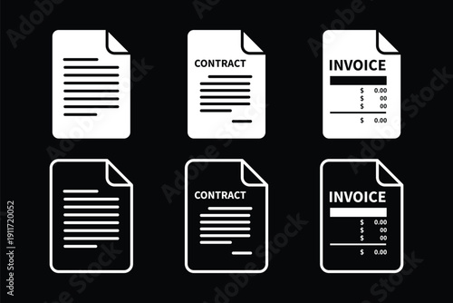 Invoice Contract Document Icons Set. Outline & Solid File Paper Symbols. Business Document Icons Pack. Minimal Office File Icons. Contract and Invoice File Icons. File transfer icons vector Collection