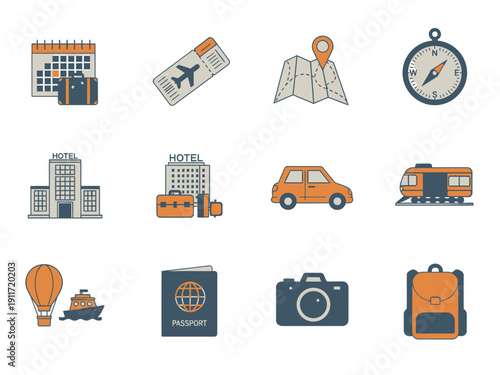 Collection of travel and vacation icons including passport, map, train, plane, and car