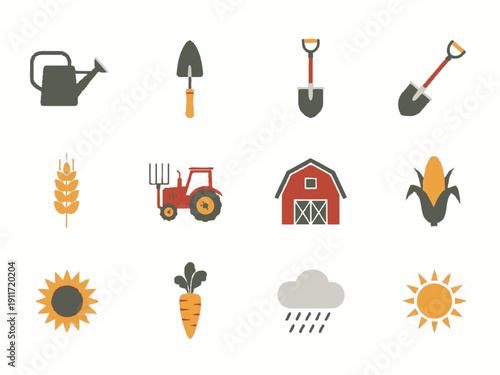Collection of assorted farming and gardening icons, including a watering can, shovel, tractor, and barn