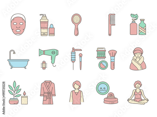 A Collection of Icons Representing Skincare, Haircare, and Relaxation Products for Beauty and Wellness