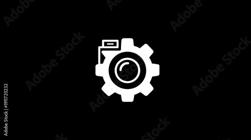 A white graphic of a camera lens combined with a gear shape on a black background