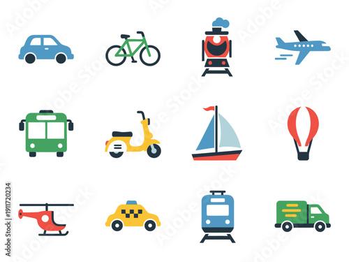 Set of colorful transportation icons representing various modes of travel and vehicles