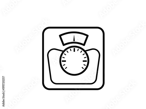 Simple and modern line art illustration of a weighing scale with a dial indicator, representing health and fitness