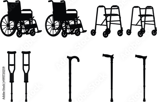 Wheelchair Walker Crutches and Cane Silhouette Set Mobility Aid Equipment Black Vector Illustration Collection