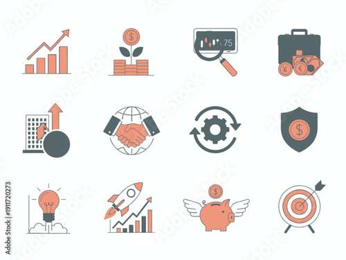 Business Icons Set - Growth, Finance, Success, Strategy, and Investment Concepts