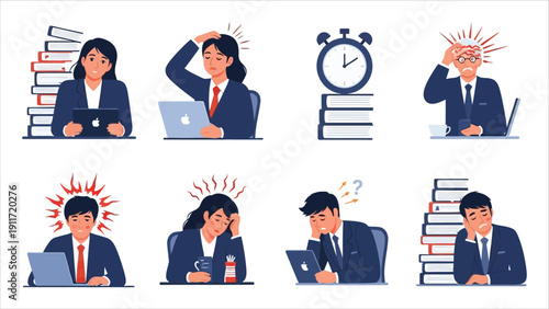 Workplace Stress and Burnout Vector Set Overworked Office Employees Facing Deadlines and Mental Fatigue