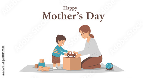 Mother and child playing with toys on the floor, Happy Mother's Day vector illustration