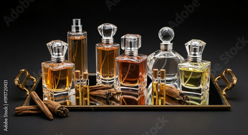 Luxurious Collection of Amber Perfume Bottles and Essential Oil Vials Displayed on a Mirrored Brass Tray