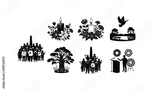 Commemoration vector silhouette with crowd, candles, doves and podium illustration