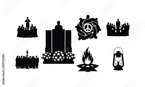 Community memorial service and peace vigil icons with fire silhouette vector illustration