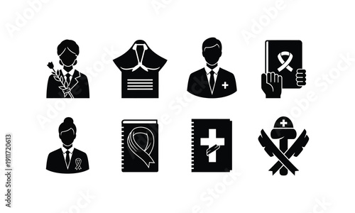 Funeral service professional icons with mourning woman and man silhouette vector collection