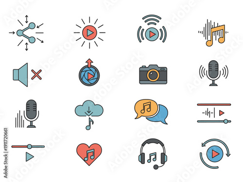 Diverse collection of icons representing audio, video, and communication technology for digital platforms