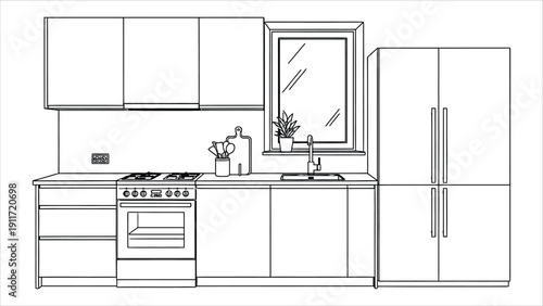 Clean Modern Kitchen Interior with White Cabinets, Appliances and Window.