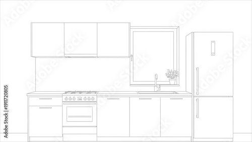 Clean Modern Kitchen Interior with White Cabinets, Appliances and Window.