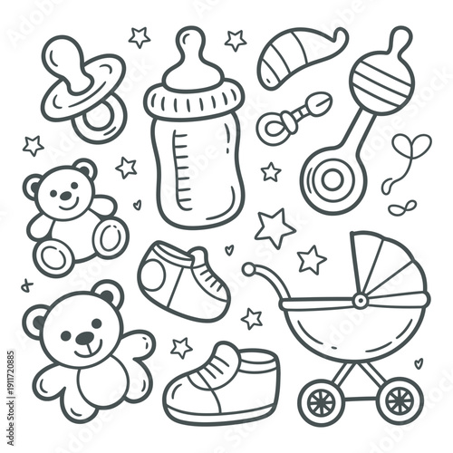 Baby Care and Nursery Essentials Icon Set - Bottle, Toys, and Stroller
