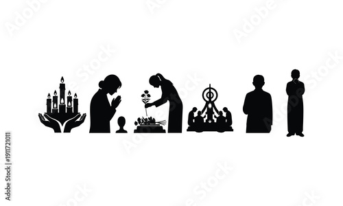 People mourning silhouette vector illustration showing prayer and memorial candle ceremony