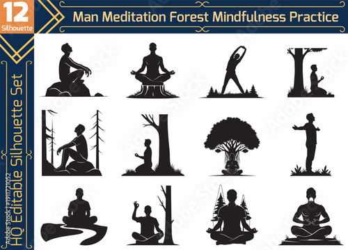 Silhouettes of Man Practicing Meditation and Mindfulness in a Peaceful Forest, Zen Yoga Exercise Set for Mental Health and Wellness in Nature