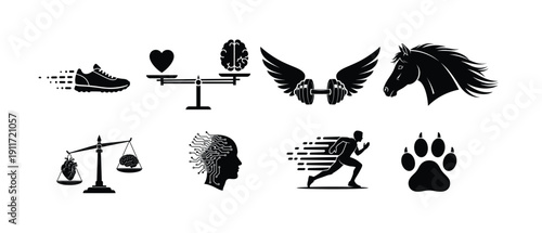 Health and fitness icon set, heart-brain balance and horse silhouette vector. Professional conceptual icons featuring running shoes, emotional balance, fitness wings, and animal symbols for wellness.