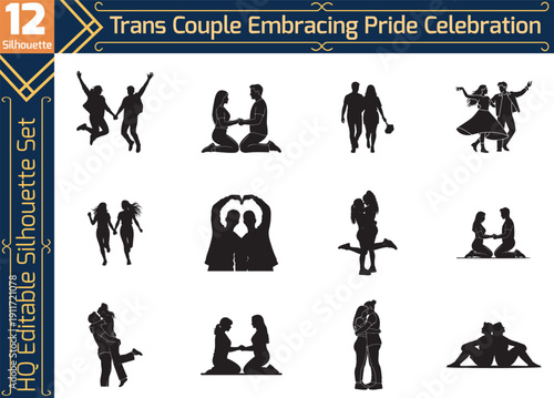 Silhouette set of a transgender couple embracing and celebrating pride with rainbow flags and hearts for LGBTQ diversity and inclusion designs.