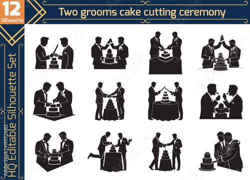 Two Grooms Cutting Wedding Cake Silhouette Set, Gay Couple Marriage Ceremony Icons, Same Sex Union Celebration Vector, LGBT Wedding Design Elements