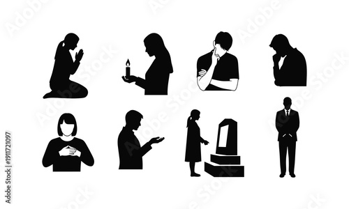 Set of mourning people vector silhouette illustration, line art grief and sorrow collection