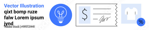 E-commerce, ideas, retail, shopping, discounts, payment processing. Lightbulb icon, receipt t-shirt percentage symbol. Shopping and discounts with modern design