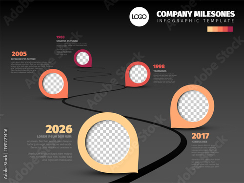 This infographic template features a roadmap design for displaying company milestones with photo placeholders over time. Infographic template to visualize your history through a creative roadmap.