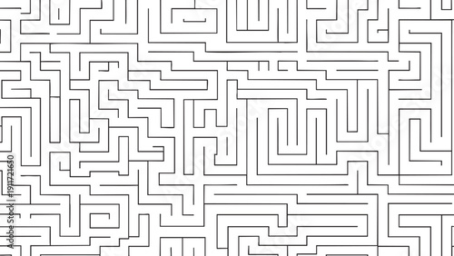An abstract black and white vector maze pattern creates a seamless geometric labyrinth design, illustrating a complex puzzle challenge and a textured path toward a successful solution