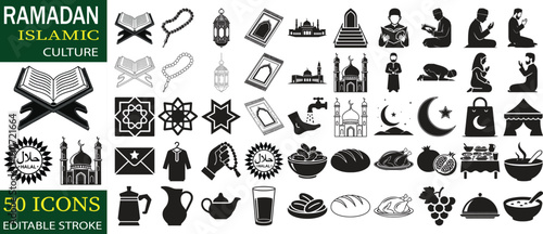 Ramadan Islamic Culture Icons Set – Mosque, Quran, Prayer, Lanterns, Food, Halal Symbol