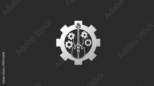 A steampunk-inspired logo featuring a violin surrounded by gears, all set against a dark grey background