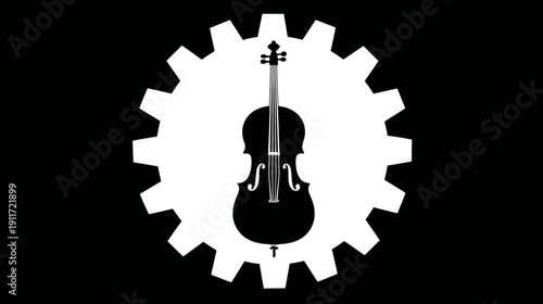 A black and white image featuring a stringed instrument at the center of a cogwheel