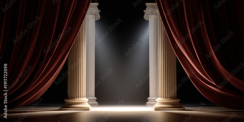 Obraz premium Classical stage with red velvet curtains and illuminated ancient Greek-style columns in a dark theatrical setting