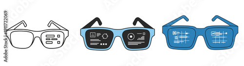 A series of smart glasses illustrations depicting augmented reality interfaces, from outline to detailed digital displays, showcasing future technology.