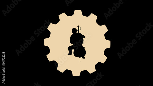A silhouette of a musician playing a stringed instrument within a gear-shaped outline