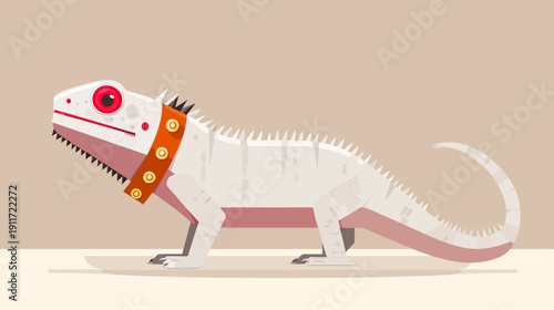 A stylized white lizard with a decorative orange collar, facing left. Background is light and tan
